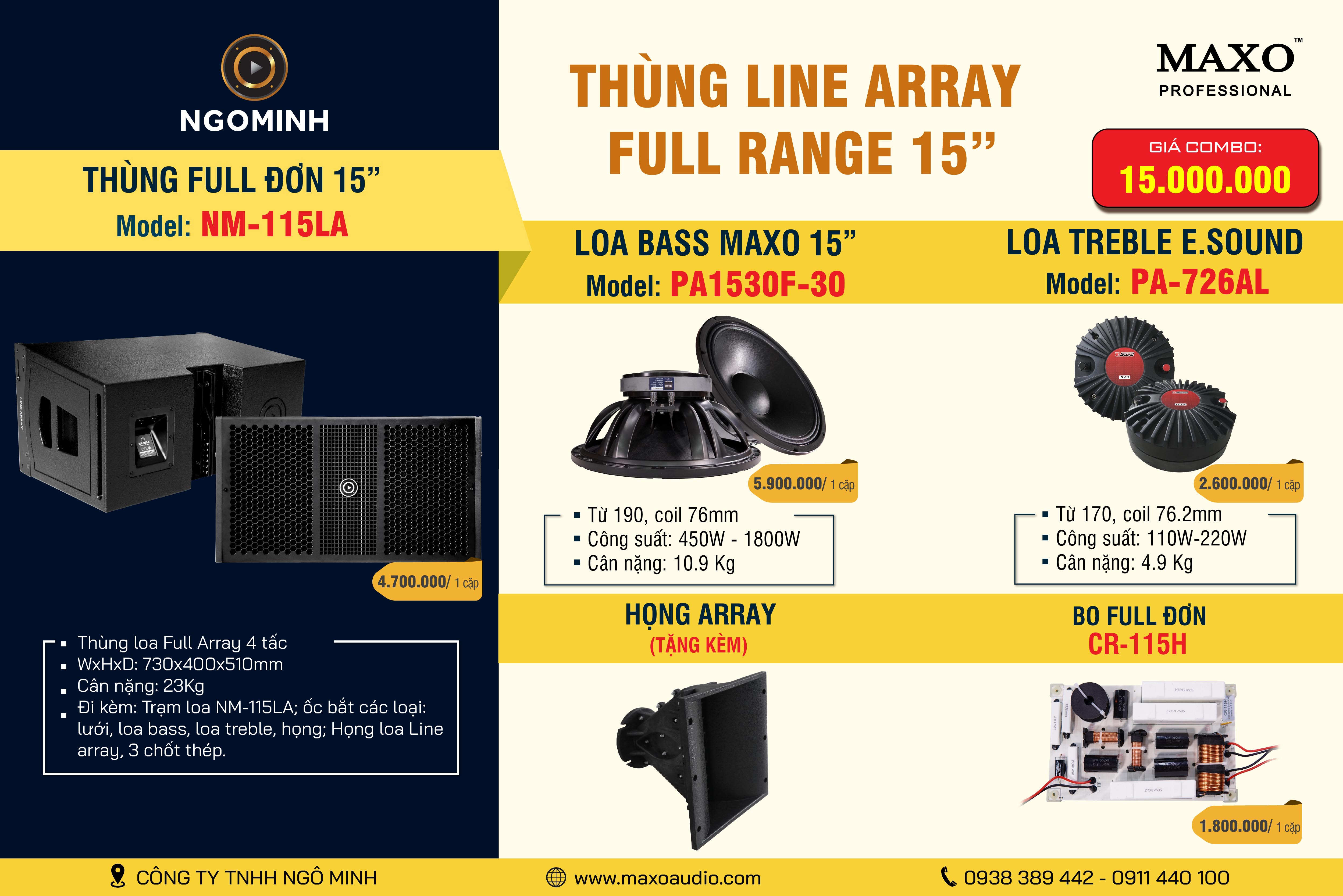 Loa Line Array Full Range 15" NM-115LA, PA1530F-30, PA-726AL, Họng Array, CR-115H          