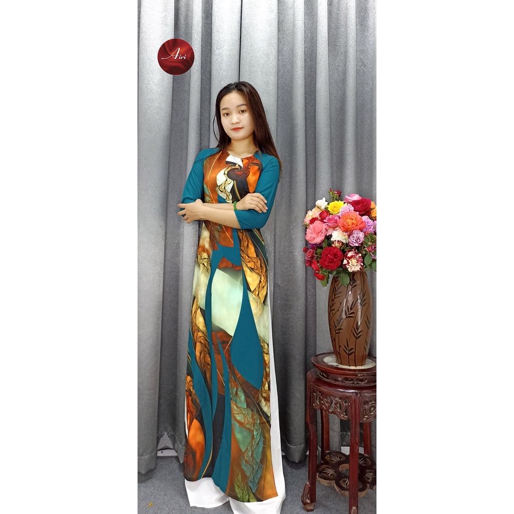 Áo dài nữ họa tiết nền xanh lụa nhật cao cấp mềm mịn - Áo dài Airi