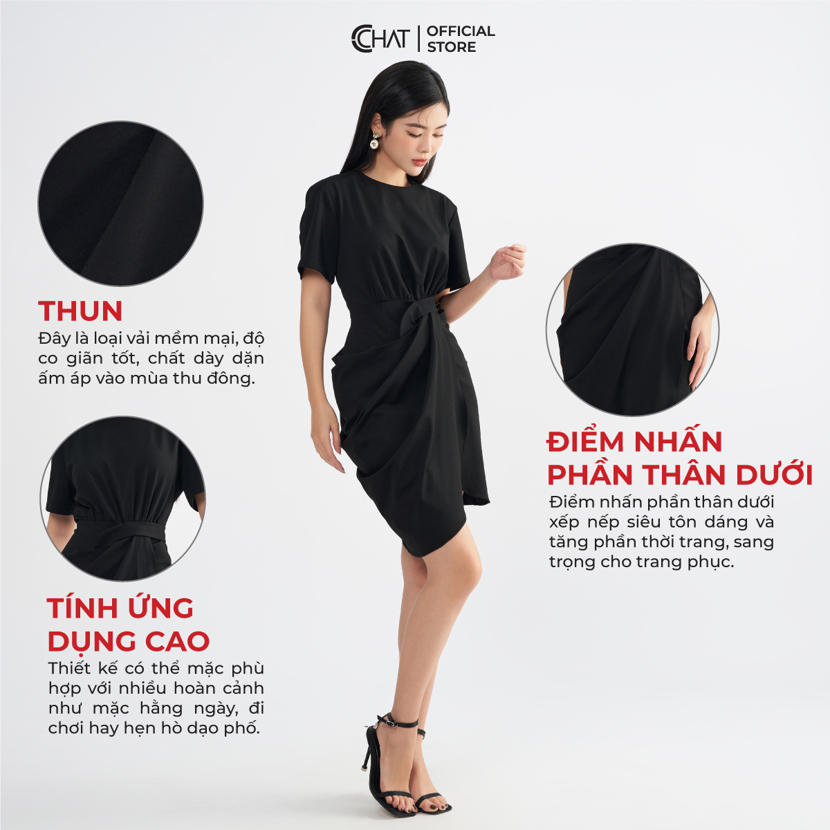 Đầm Nữ Cổ Tròn Xoắn Vạt Thân Dưới Chất Thun Cao Cấp 22VNC2026OT