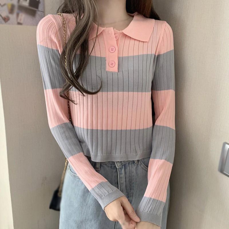 Áo Sweater Dệt Kim Tay Dài Phối Màu Tương Phản Dễ Phối Đồ Cho Nữ