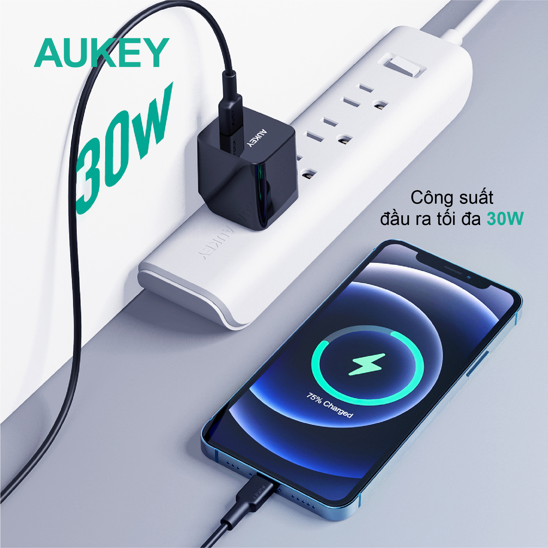 Củ sạc nhanh USB C Aukey PD 30W PA-Y30s, hàng chính hãng