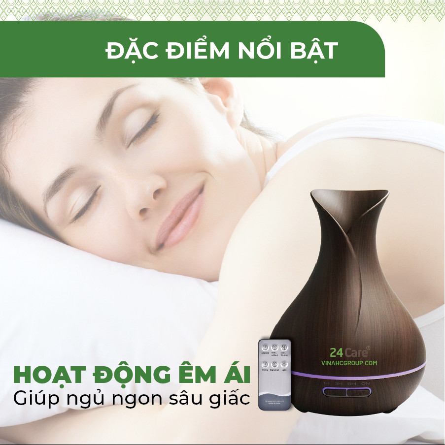 Máy khuếch tán Tinh Dầu 24Care Tulip màu Đen Ultrasonic 500ml, Tặng 3 Chai Tinh dầu Sả Chanh + Bạc Hà + Quế 24Care 10ml | Xông Phòng | Kèm Remote Điều Khiển | Công nghệ siêu âm tiên tiến