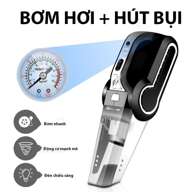 Máy Hút Bụi Ô Tô 4 trong 1 Đa Năng - Hút Bụi , Bơm Lốp Xe , Đo Áp Suất Lốp, Chiếu Sáng