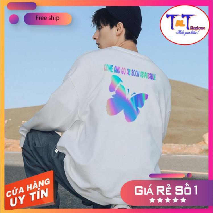 AS08 Áo Sweater Con Bướm Phản Quang Áo Nỉ Dài Tay Unisex Nam Nữ thời trang sinh viên học sinh cao cấp