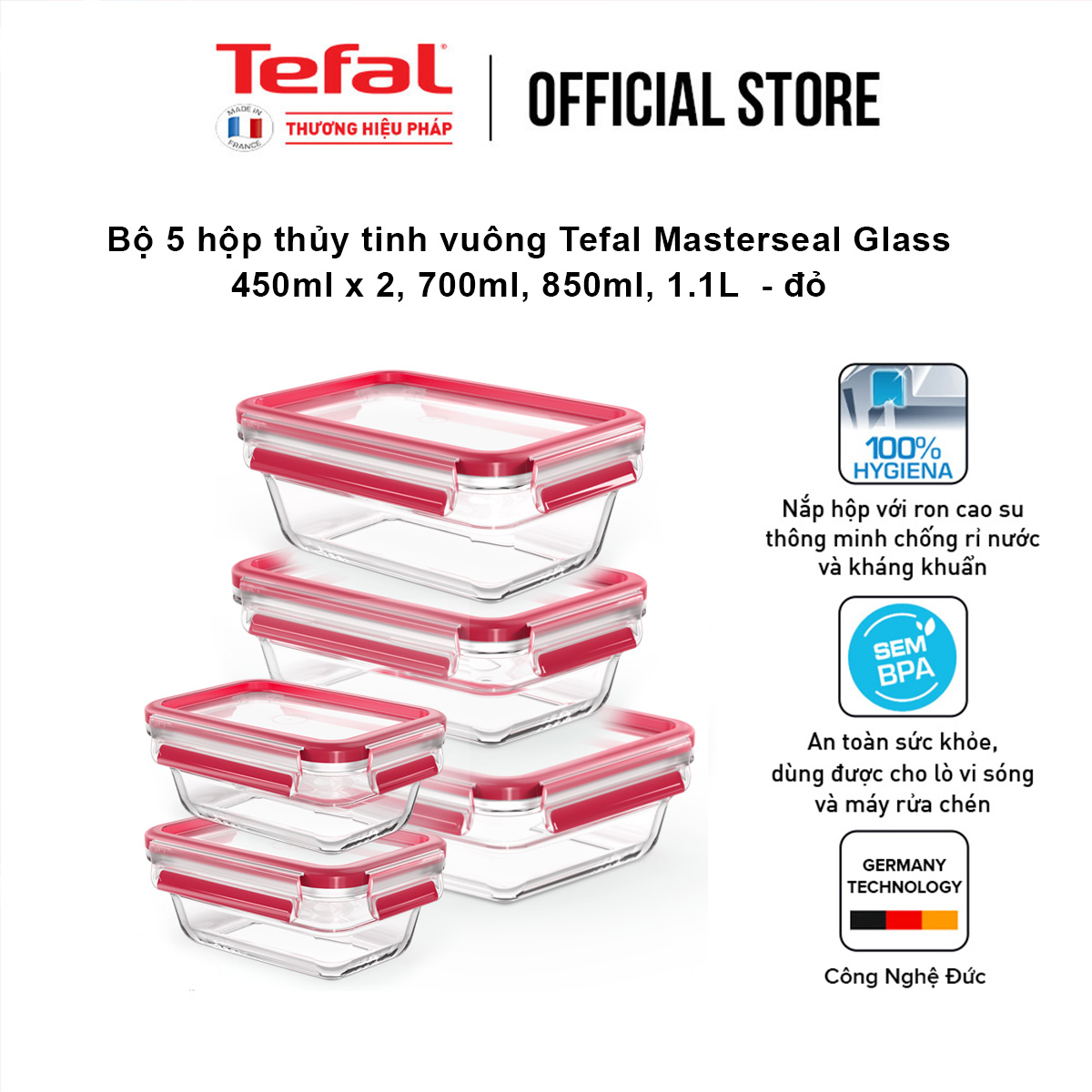 Bộ 5 hộp thủy tinh vuông Tefal Masterseal Glass 450ml x 2, 700ml, 850ml, 1.1L  - đỏ