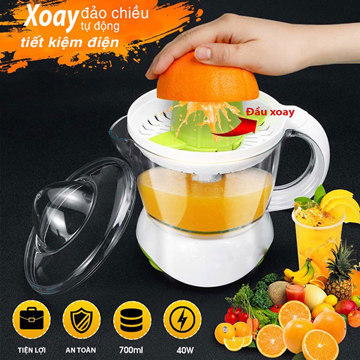 Máy Vắt Cam Tự Động, Dung Tích 700ml, Công Suất 40W, Thân Máy Bằng Nhựa Cao Cấp, Độ Bền Cao, Có Khay Ngăn Hột, Lược Xác, Dễ Dàng Tháo Lắp Vệ Sinh