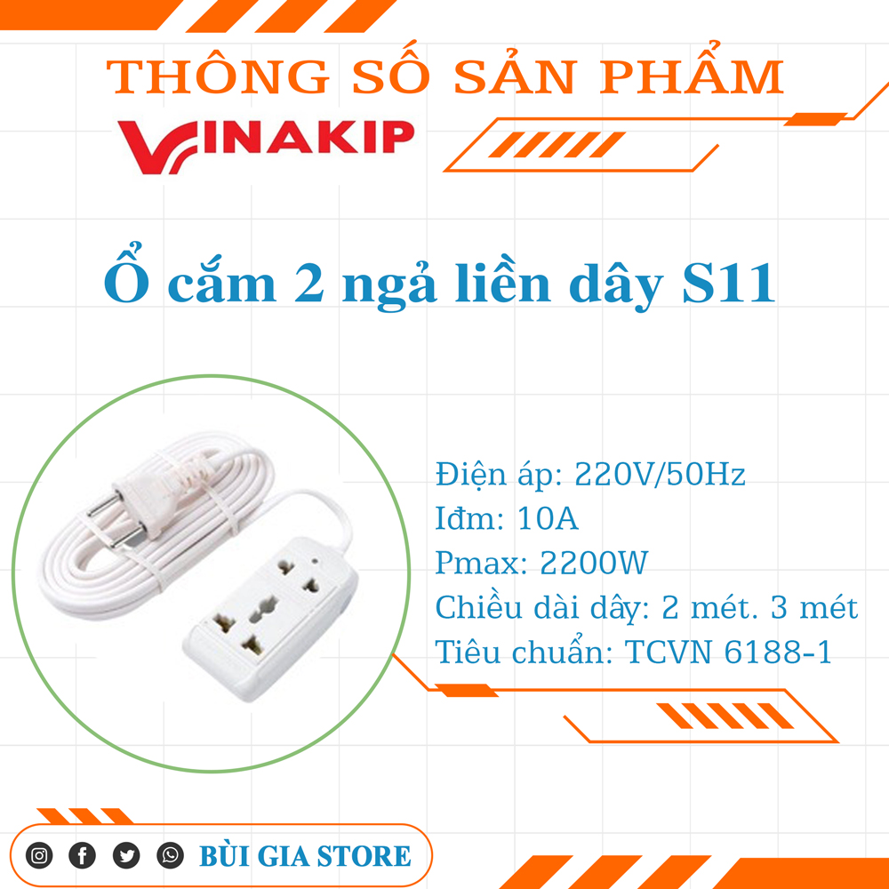 Ổ cắm điện 2 ngả liền dây Vinakip S11