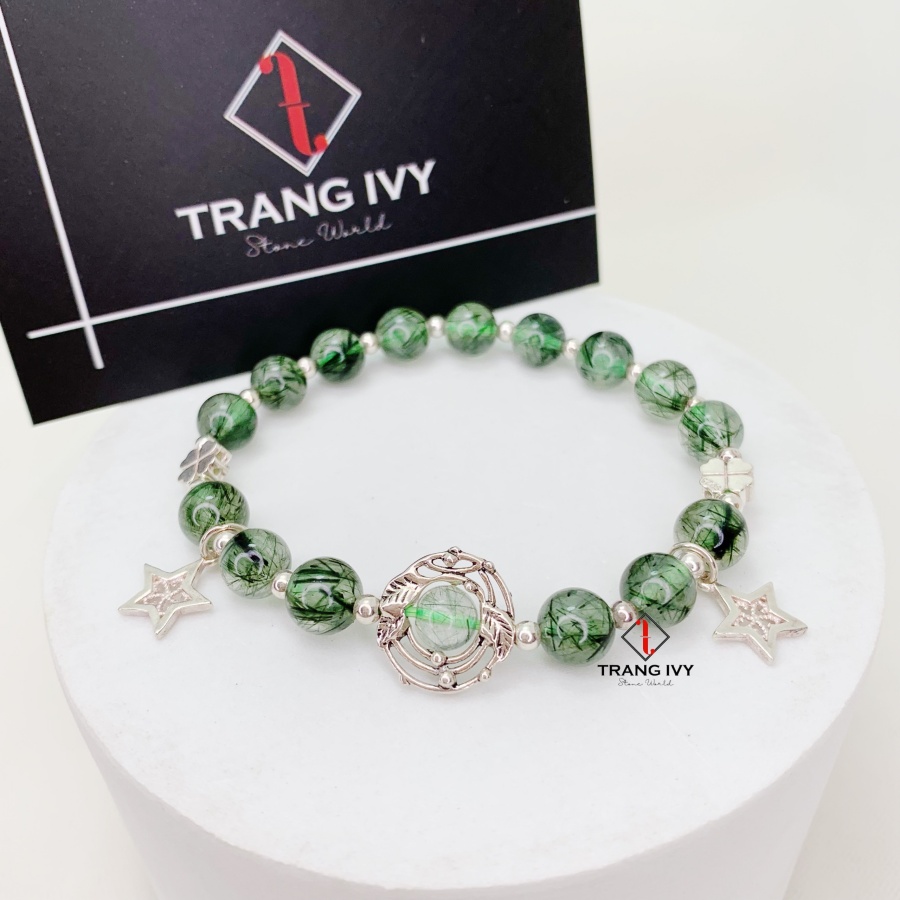 Vòng Tay Thạch Anh Tóc Xanh Mix Charm Bạc