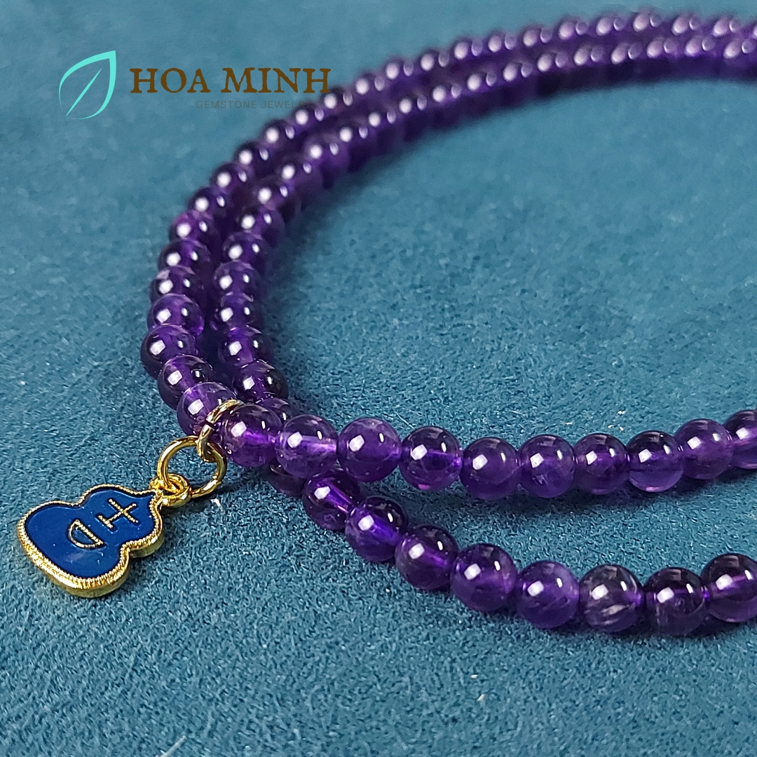 Vòng tay chuỗi 108 hạt Thạch Anh Tím Amethyst size 5.3 li tự nhiên phối charm túi tiền may mắn phong thủy mệnh Hỏa, Thổ