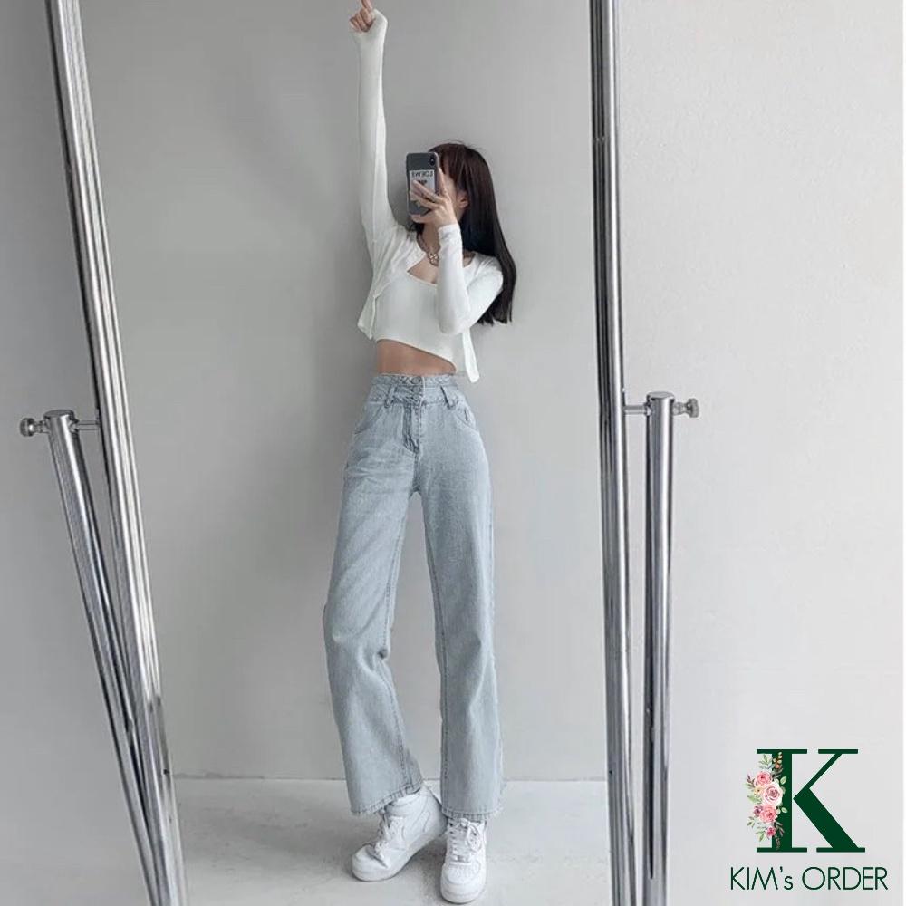 Quần Jean Nữ Cạp 3 Cúc Màu Xanh Bạc Lưng Cao Ống Suông Dài Phom Rộng Phong Cách Hàn Quốc Chất Vải Co Dãn Cao Cấp Loại 1