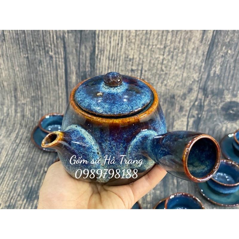 Bộ ấm chén quai ngang kiểu Nhật gốm sứ Bát Tràng cao cấp men hoả biến thiên thanh dung tích 420ml