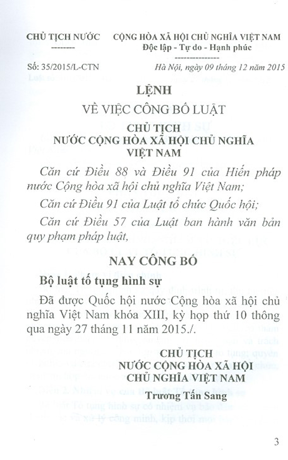 Bộ Luật Tố Tụng Hình Sự  Nước Cộng Hòa Xã Hội Chủ Nghĩa Việt Nam