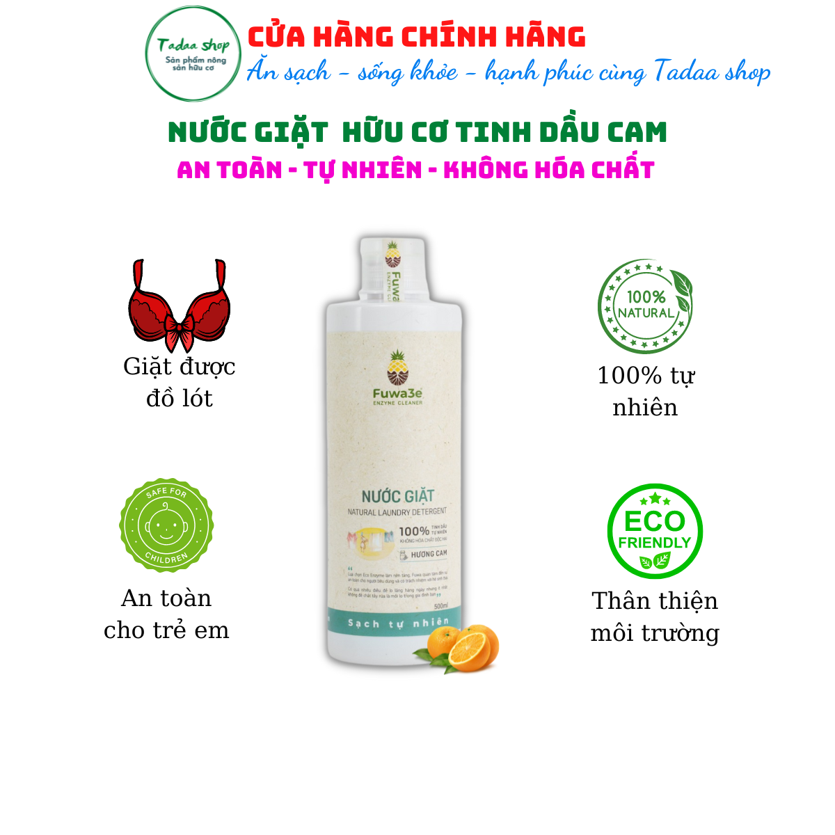 Nước giặt hữu cơ Organic Fuwa3e hương cam sạch nhanh tiết kiệm nước, không hại da tay chai 500ml