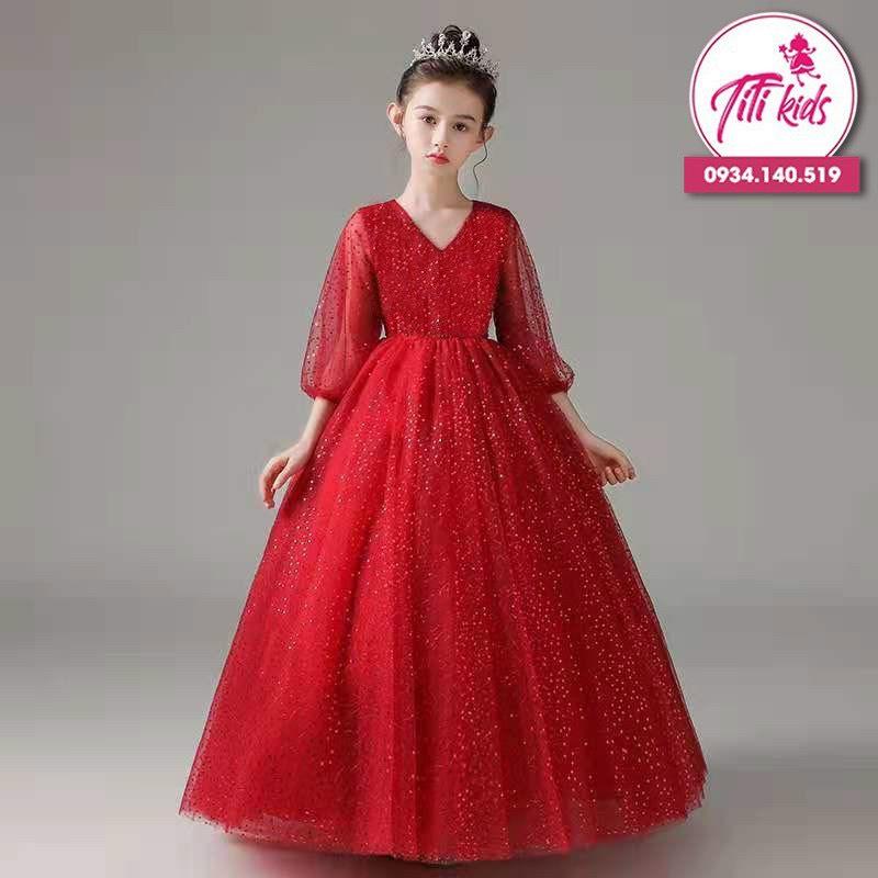 Váy Đầm Công Chúa Đỏ Kim Tuyến Tay Lửng CC145