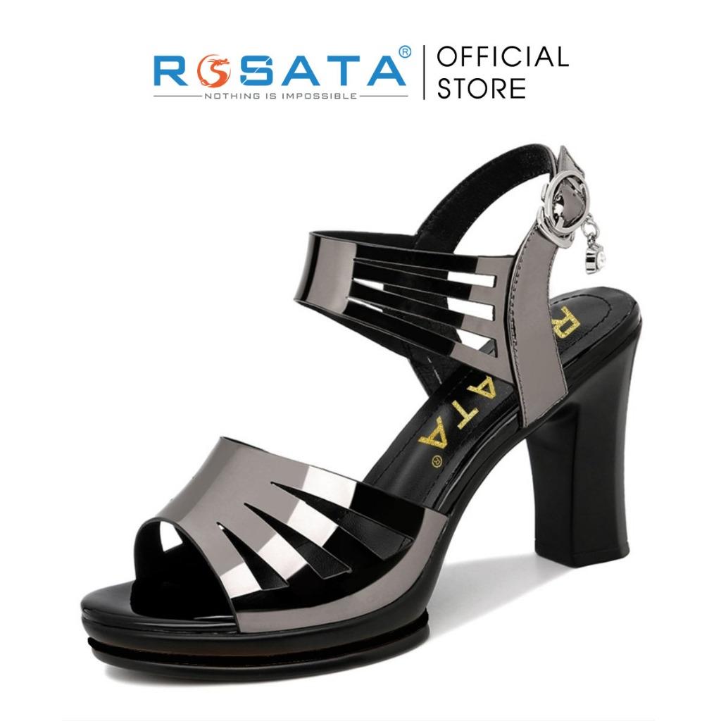 Giày sandal cao gót nữ ROSATA RO571 xỏ ngón mũi tròn quai hậu cài gót cao 8cm xuất xứ Việt Nam - Đen