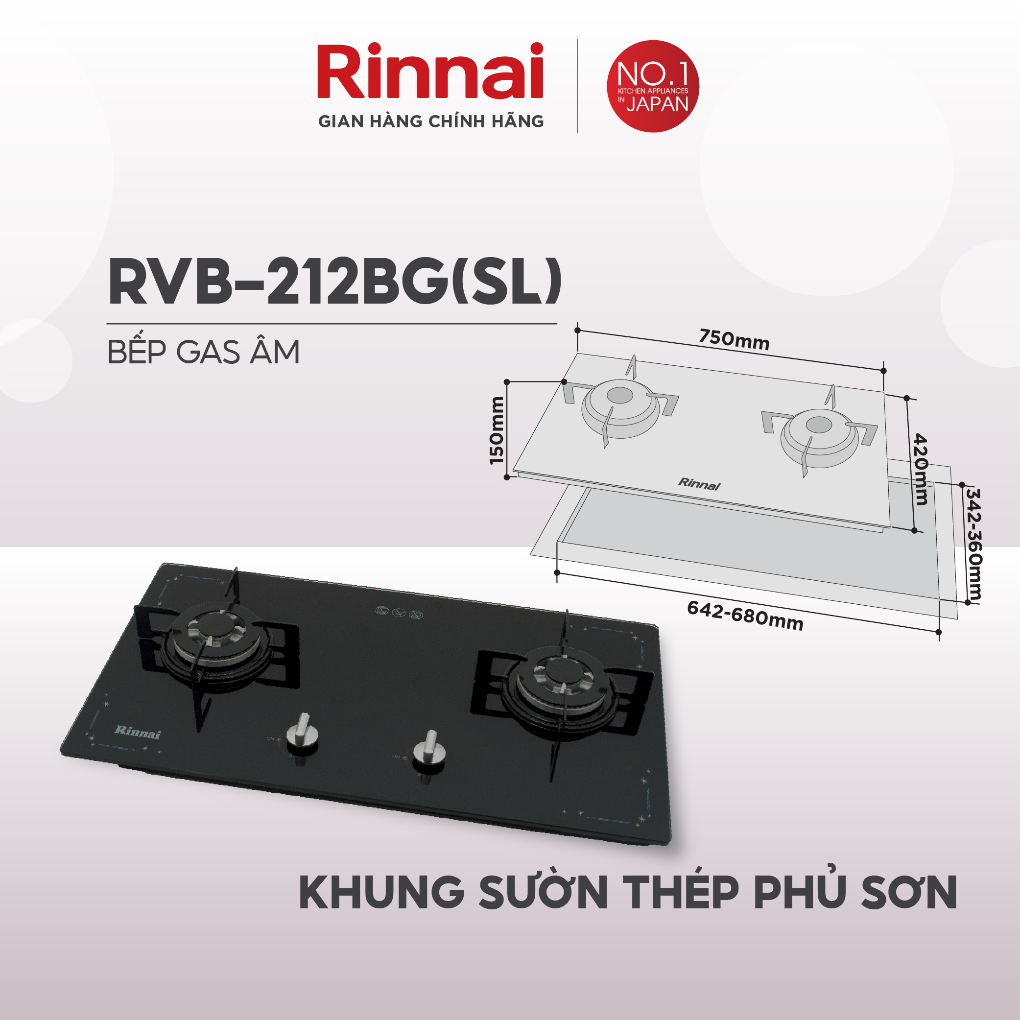 Bếp gas âm Rinnai RVB-212BG mặt bếp kính và kiềng bếp men - Hàng chính hãng.
