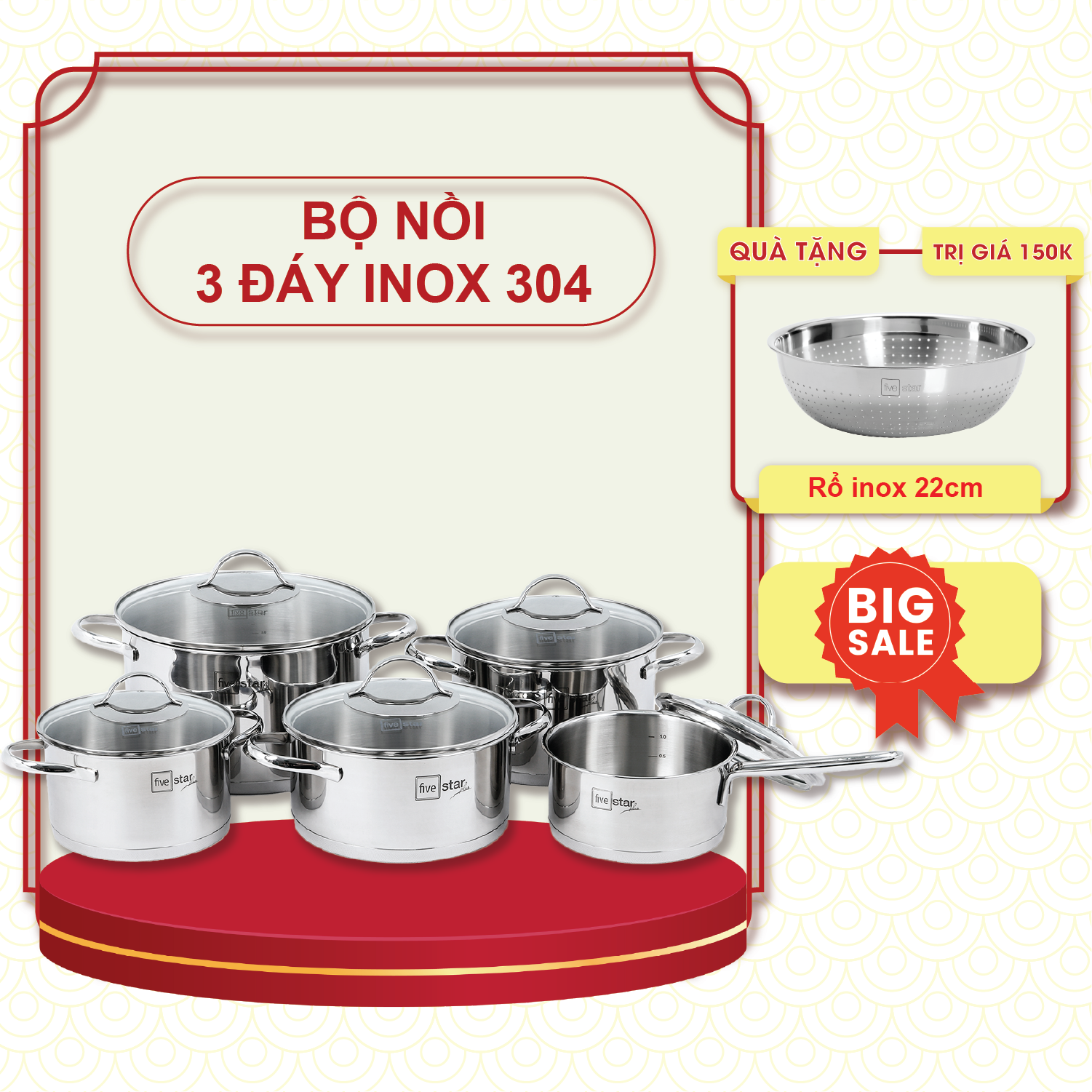 Bộ Nồi Từ Inox 304 Silit 3 Đáy 5 Món Nắp Kính Fivestar Plus dùng được mọi bếp