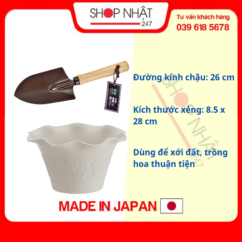Combo Chậu hoa viola trắng 26cm + Xẻng làm vườn cầm tay cán gỗ nội địa Nhật Bản