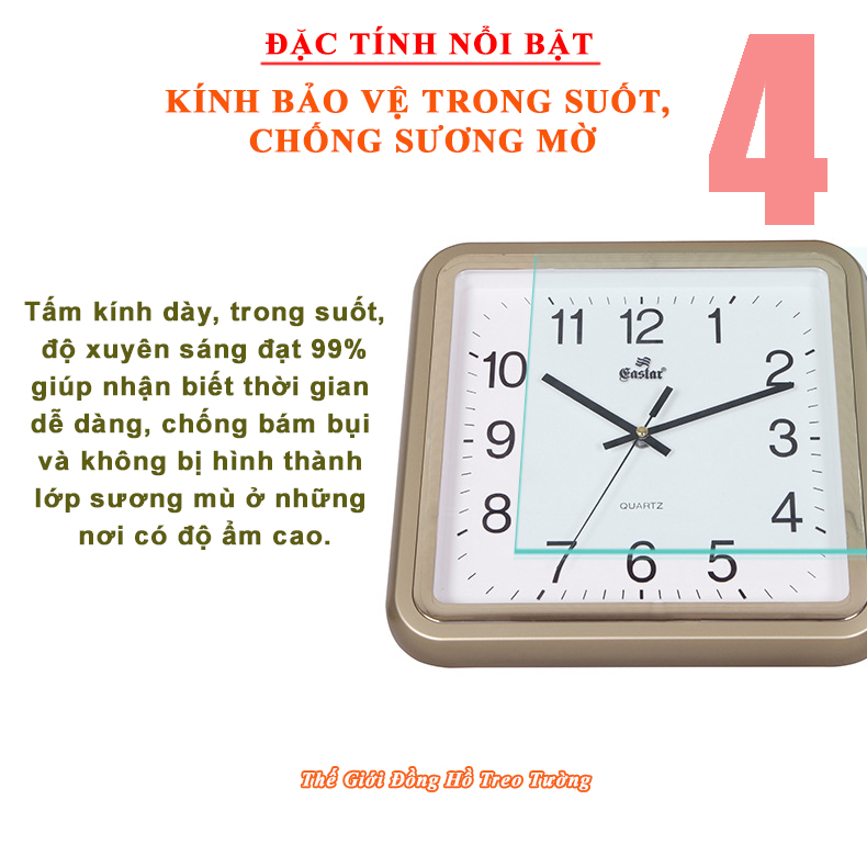 Đồng Hồ Treo Tường KIM TRÔI EASTAR Cao Cấp Mặt Vuông, Viền kim tuyến, Số nổi Ánh kim - Tặng Pin Maxell - BH 1 Năm - Decor Trang Trí Nhà 