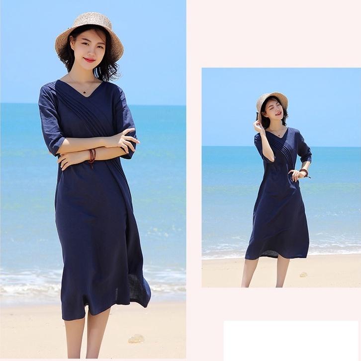 Đầm suông linen tay lỡ cổ chữ V trần trước, thời trang hè thu 2021