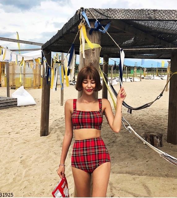 Bikini đồ bơi 2 mảnh cạp cao đỏ caro
