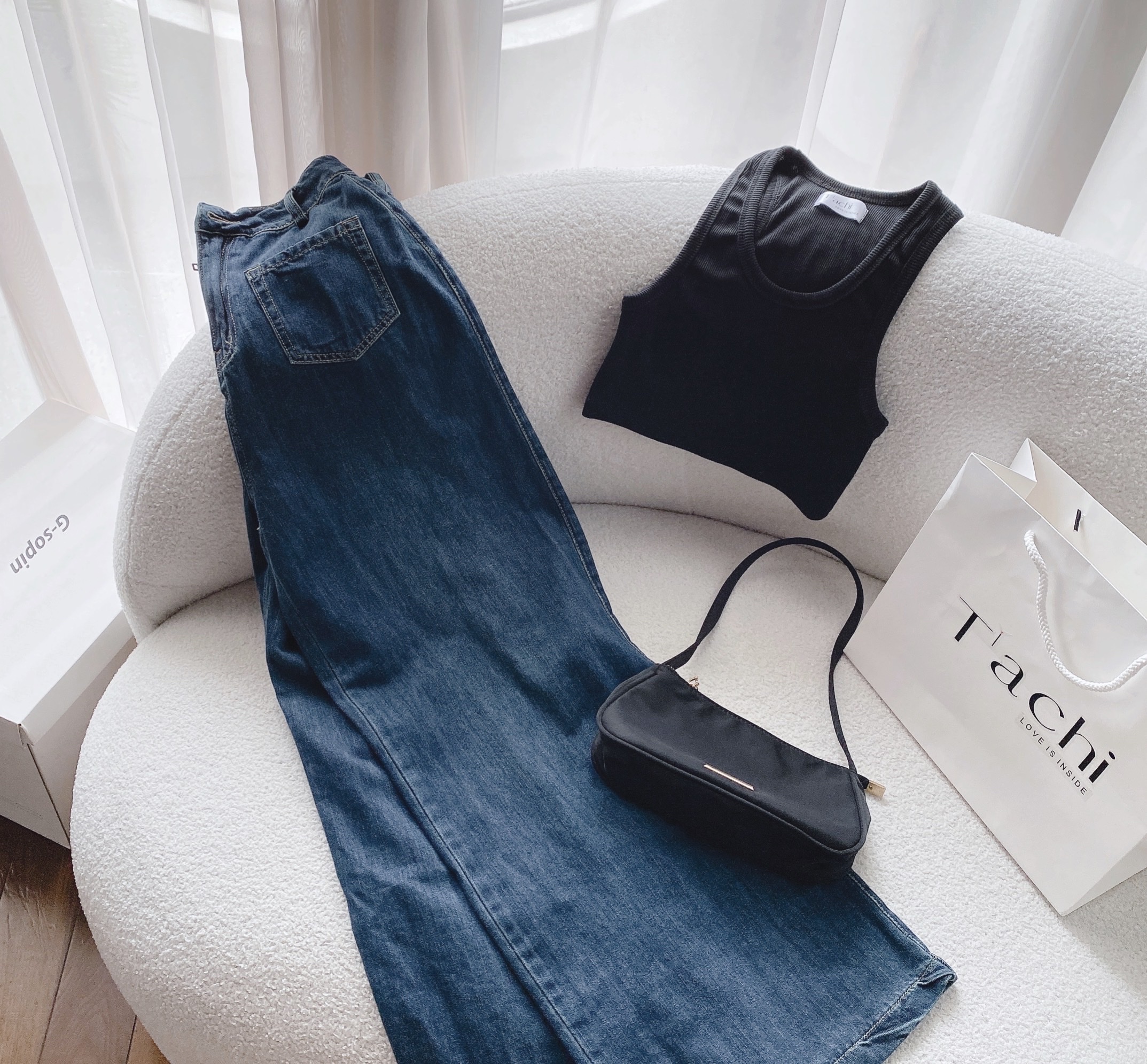 SET QUẦN JEANS DÀI ỐNG RỘNG SUÔNG LƯNG CAO DENIM TÚI NGƯỢC + ÁO CROPTOP THUN 3 LỖ ĐEN CƠ BẢN DẠO PHỐ ĐI CHƠI ĐI BIỂN