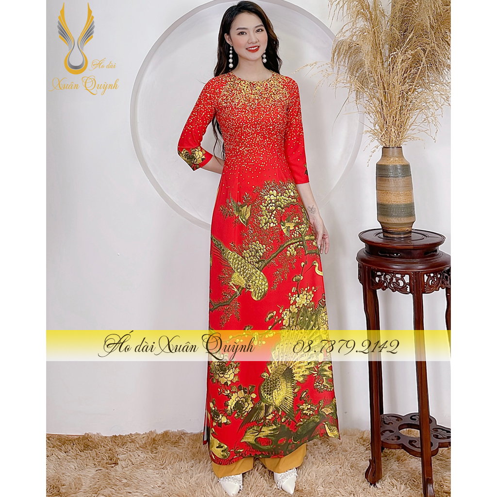 Áo Dài Phượng Hoàng Đỏ Vàng, Phối Dải Chấm Bi Sang Trọng, Lụa Habutai Cao Cấp Mã K200