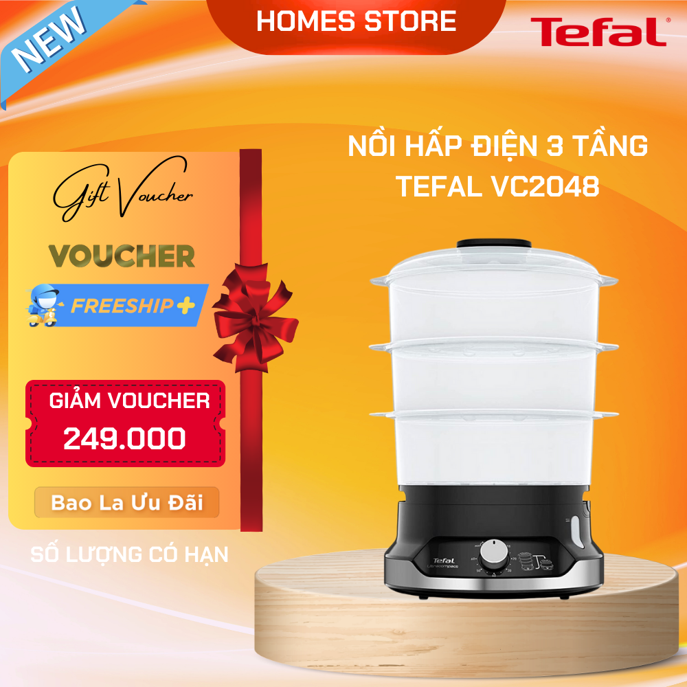 Nồi Hấp Điện 3 Tầng TEFAL Ultra Compact VC2048 Hẹn Giờ Thông Minh Dung Tích 9 Lít Công Suất 800 W - Hàng Nhập Khẩu Đức