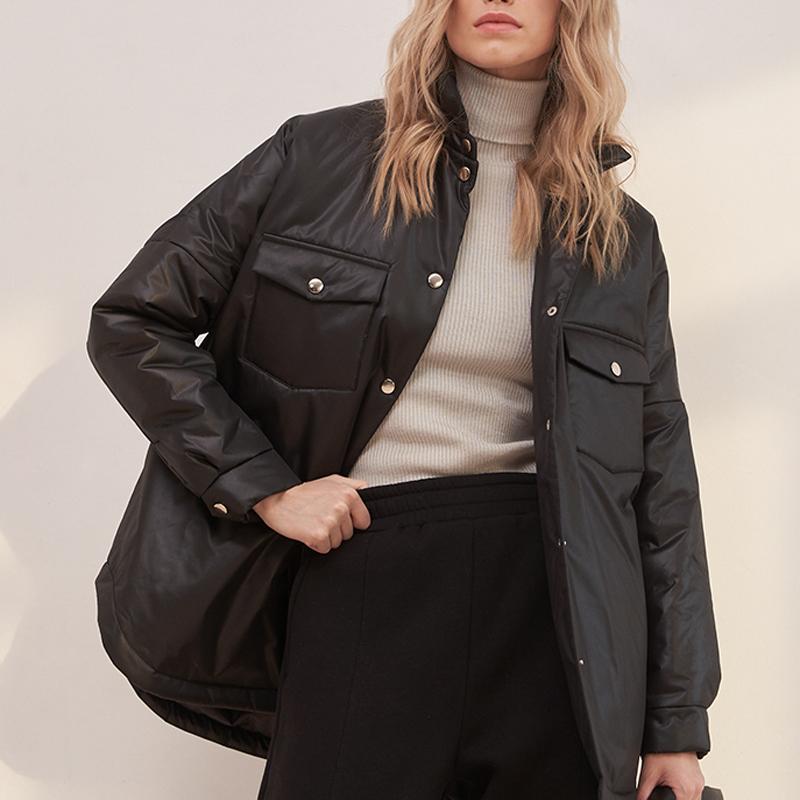 Cổ Gập Parkas Thời Trang Nữ Phối Dây Áo Khoác Nữ Thanh Lịch Chắc Chắn Túi Trước Cotton Áo Khoác Nữ Nữ