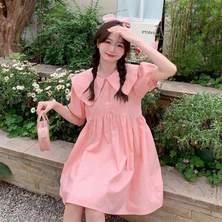 SHUANGYAN Búp bê cổ áo đầm thiếu nữ mùa xuân và mùa hè thiết lập ngọt ngào bong bóng tay áo rộng thùng thình hiển thị gầy mối tình đầu ngắn áo sơ mi váy