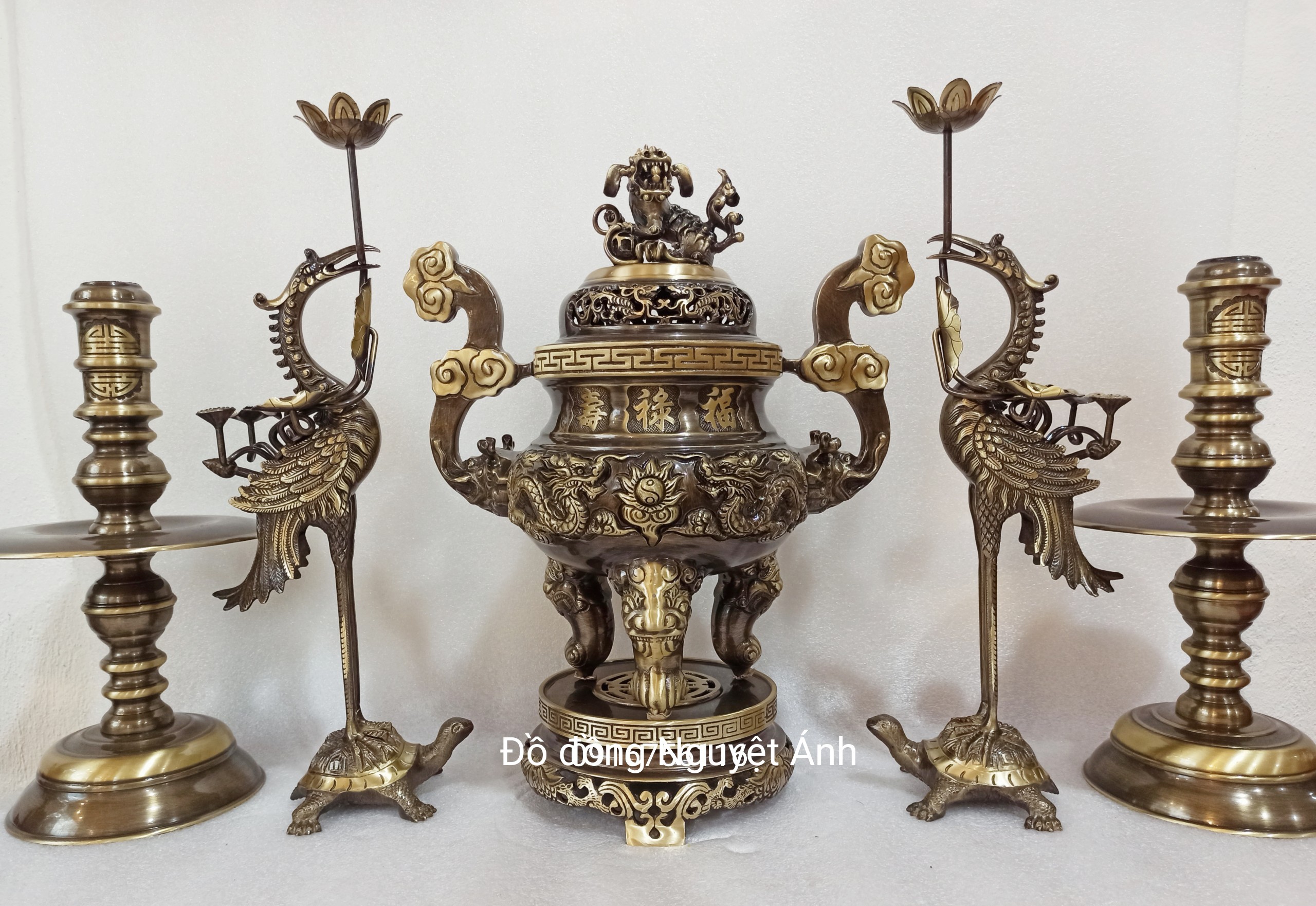 Bộ đỉnh đồng thờ cúng, bộ lư thờ bằng đồng, bộ đỉnh rồng phượng song long chầu nguyệt, bộ đồ thờ