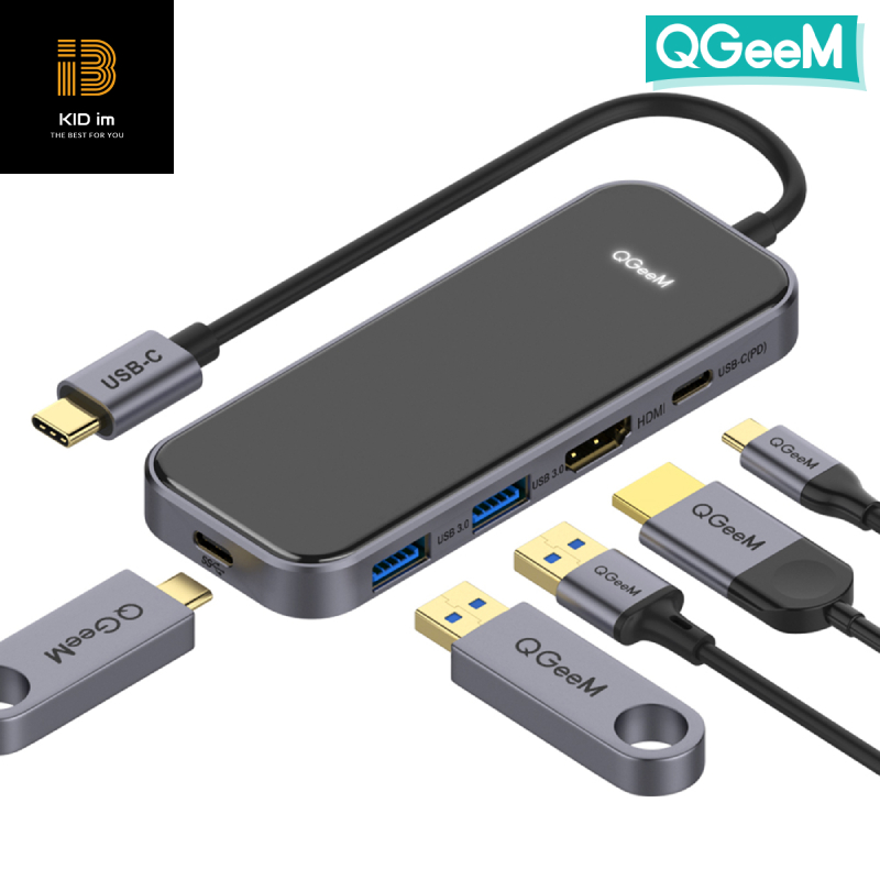 Bộ Hub USB C QGeeM 5 trong 1 4K USB C sang HDMI, 2 x USB 3.0, 1 x USB-C 3.0, 1 x USB-C 100W PD Charger tương thích với MacBook Pro 2019/2018 IPad Pro, Chromebook, XPS, Type-C Adapter - Hàng Chính Hãng