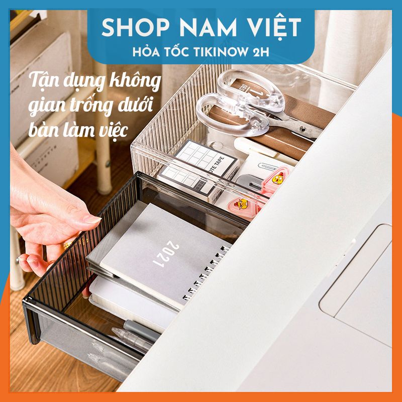 Ngăn Kéo Dưới Bàn Làm Việc Trong Suốt - Hộp Nhựa Để Đồ Dán Dưới Bàn (Kèm Miếng Dán)