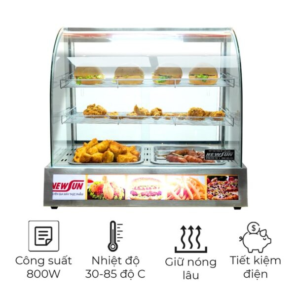 Tủ giữ nóng thực phẩm trưng bày gà rán 2PS thiết kế 3 tàng kính cong NEWSUN - Hàng chính hãng