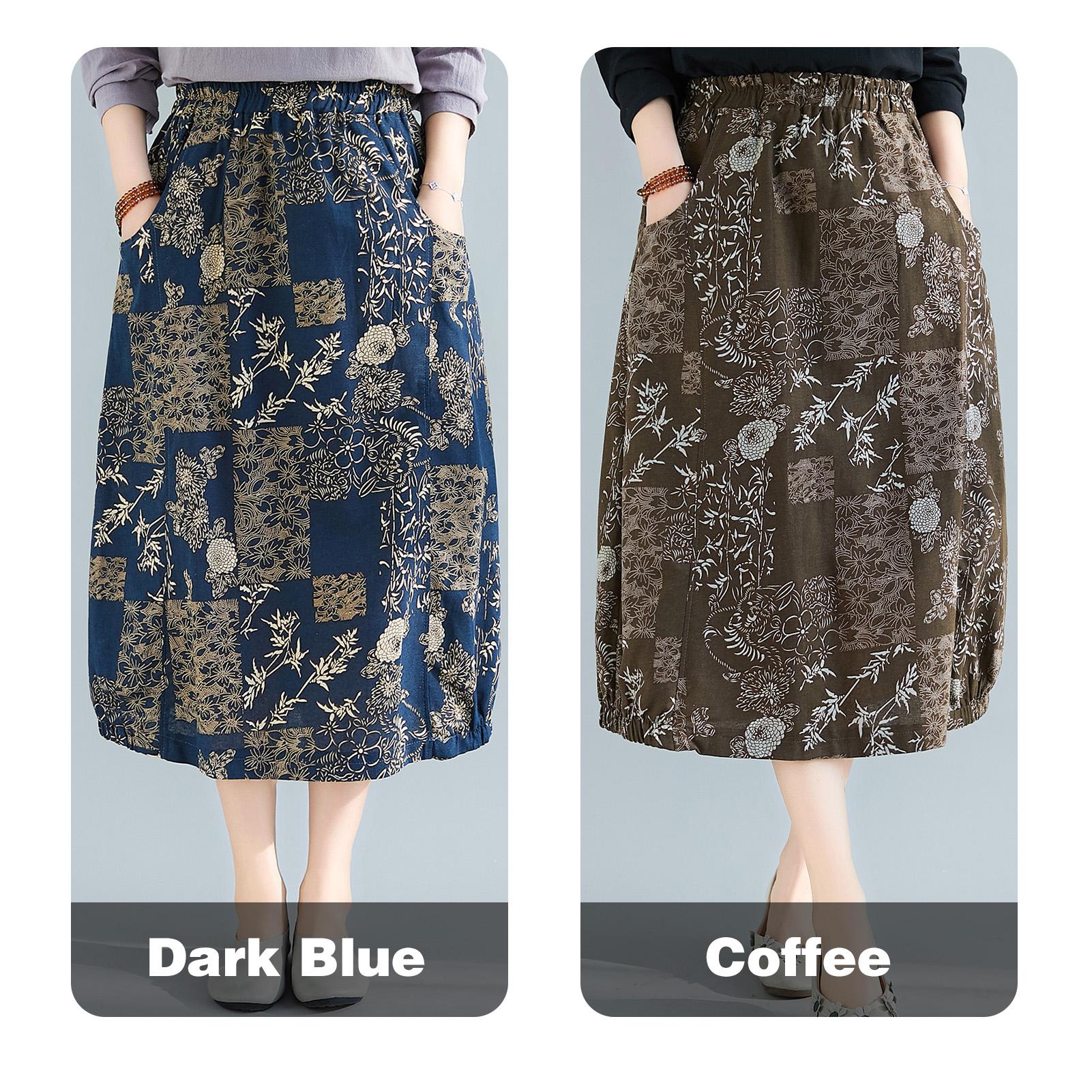 Women Vintage Skirt Linen Fabric Elastic Waist Pockets Loose Fit Midi Skirt Plus Size Casual Dress