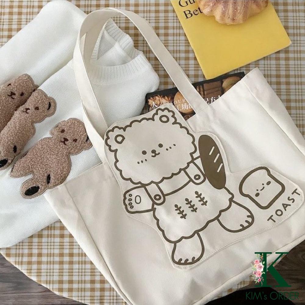 Túi tote túi vải canvas hình gấu phong cách Hàn Quốc, có khóa miệng tiện dụng, đi học đi chơi đi làm cute dễ thương