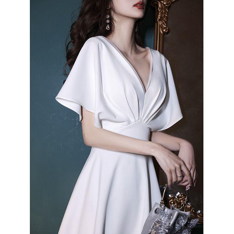 ĐẦM ĐI TIỆC CỔ V TAY LOA NHÚN NGỰC SANG TRỌNG, QUÝ PHÁI