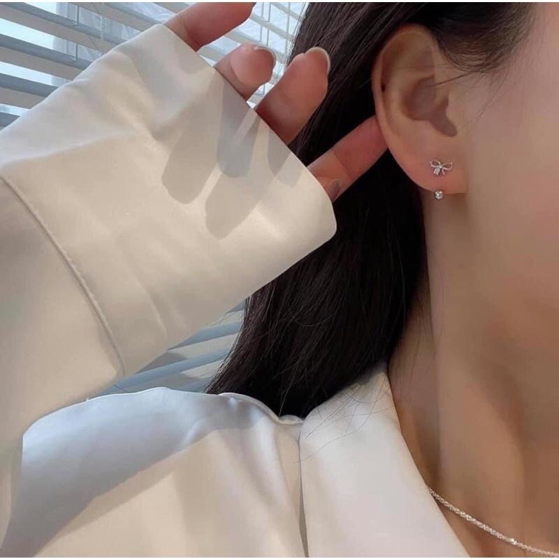 Bông tai bạc-Khuyên tai bạc hình nơ dáng cong điệu đà nữ tính BẠC CHUẨN