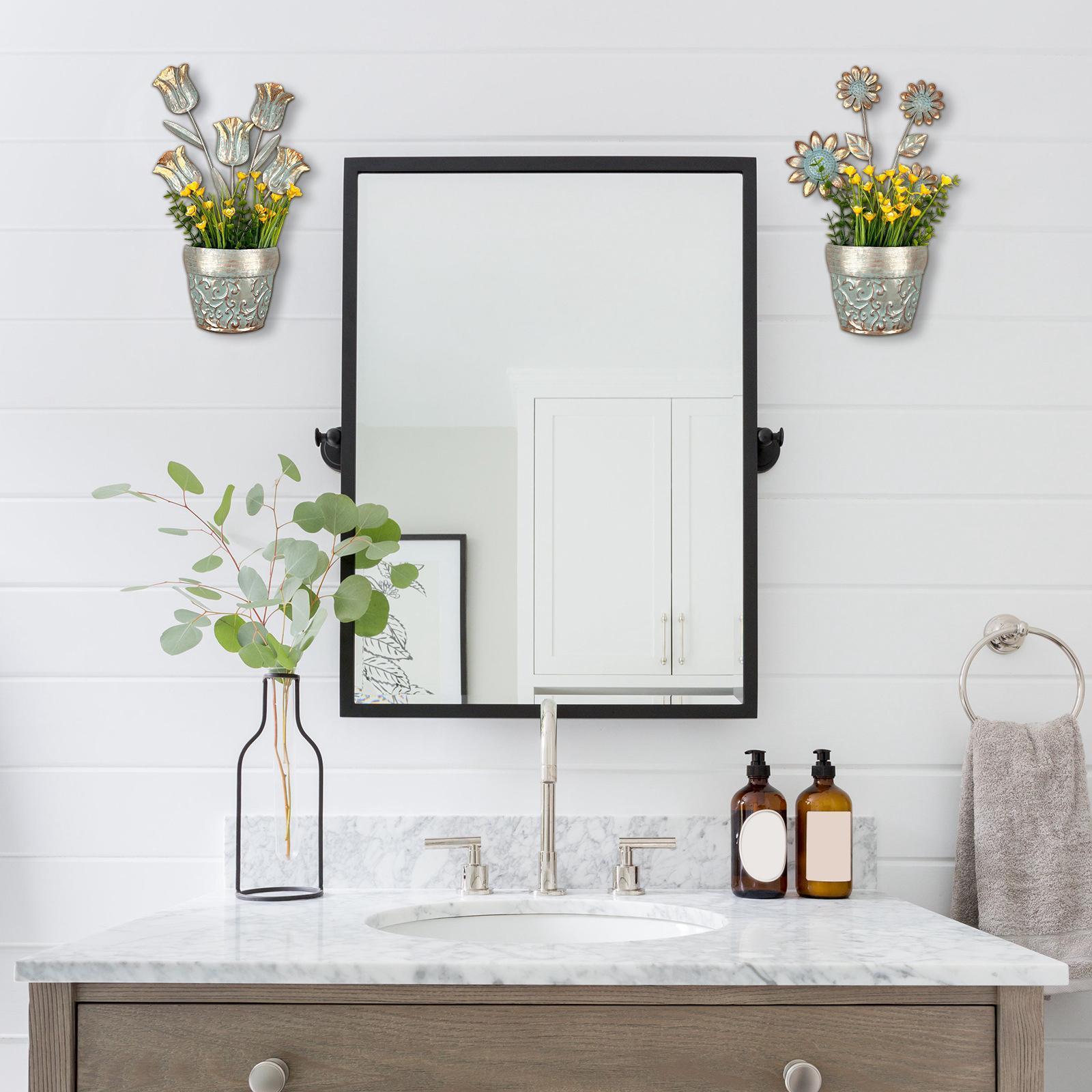 2Pcs Flower Pot Sculptures Yard Backyard Lawn Flower Metal Wall Art Decors