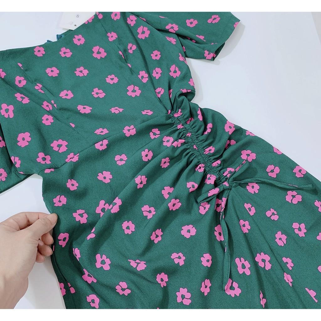 VÁY XANH LÁ HOA TÍM CỔ VUÔNG DÚM EO LS_DN386