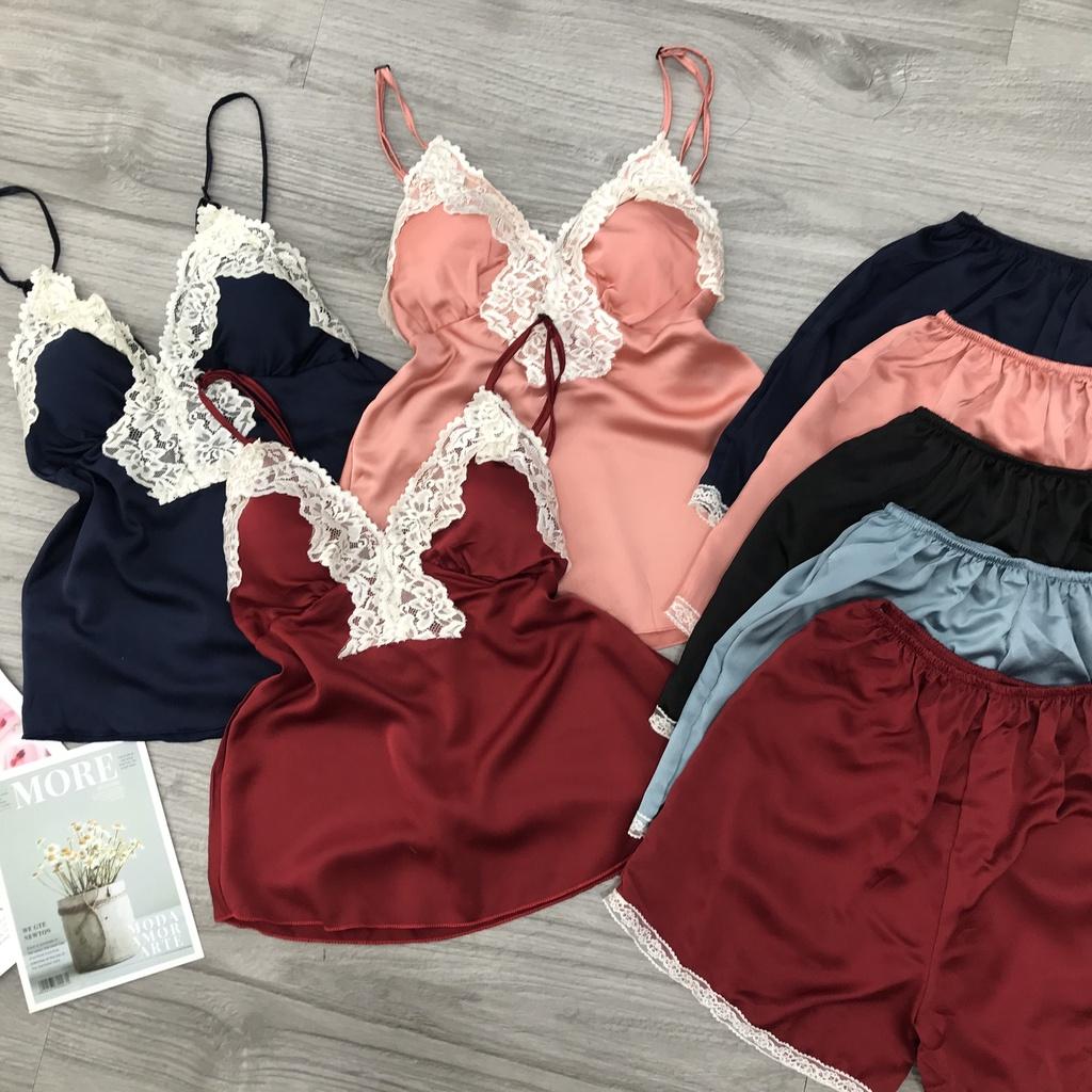 Đồ ngủ sexy đồ ngủ 2 dây phối ren có mút ngực Hoàng Tình Store, chất liệu lụa satin, freesize 40-60kg tùy chiều cao