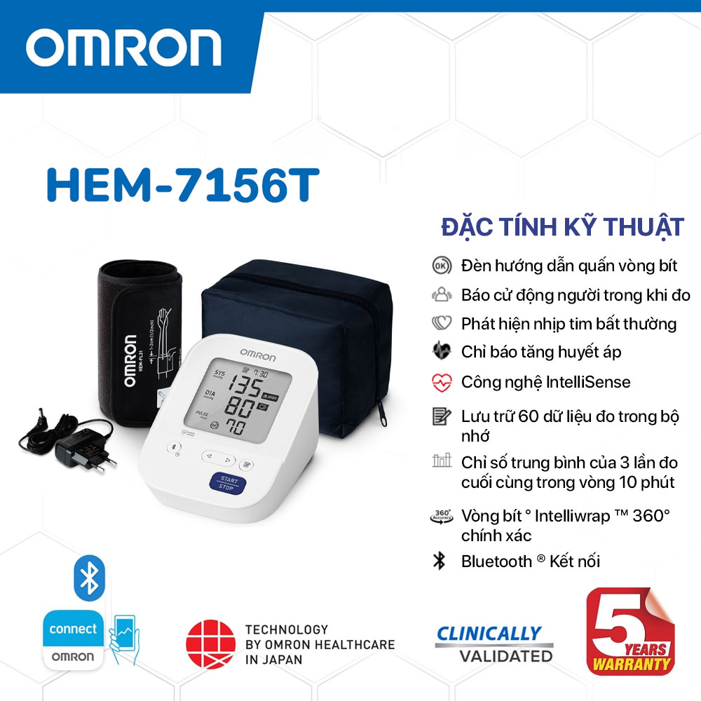 Máy Đo Huyết Áp OMRON HEM-7156T-A Kèm Adapter Chính Hãng - Kết Nối Điện Thoại - IntelliSense + Tặng kèm bộ đổi nguồn chính hãng