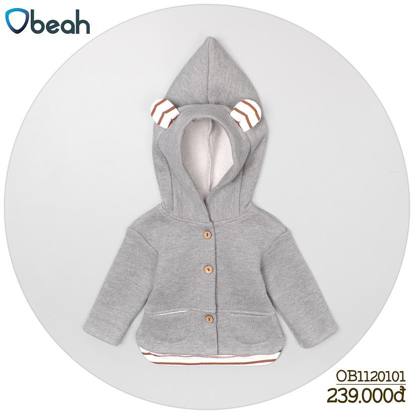 Áo Jacket mũ nhọn Obeah màu ghi chất liệu nỉ bông Fullsize 59 đến 90 cho bé từ 0 đến 24 tháng