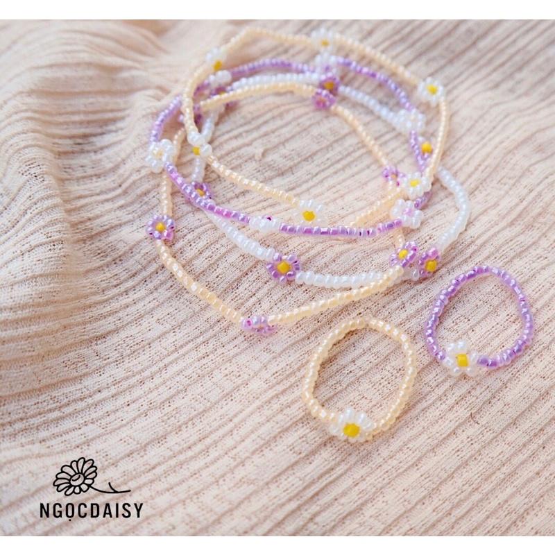 N32 Bộ vòng tay nhẫn handmade hoa daisy tím vàng xinh xắn