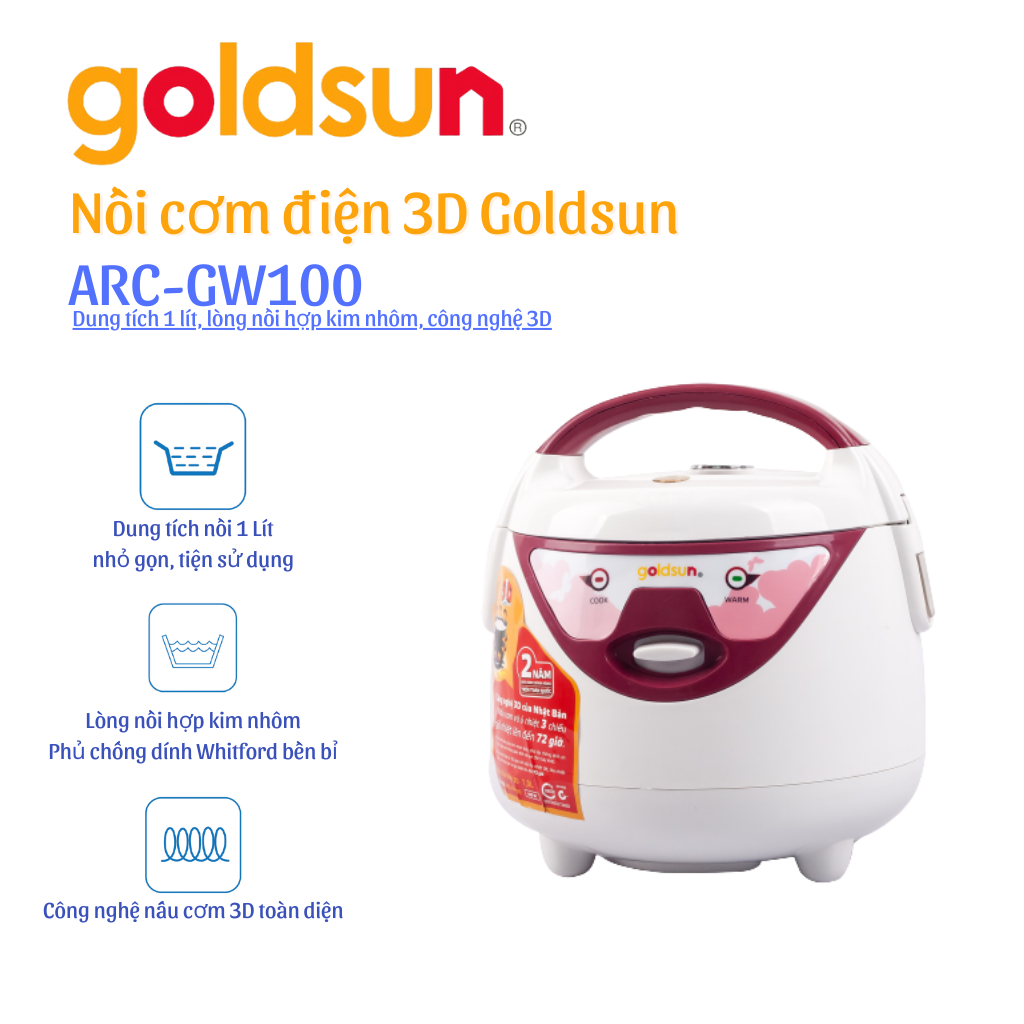 Nồi Cơm Điện Goldsun 3D ARC-GW100 (1 lít) - Trắng Phối Đỏ - Hàng chính hãng