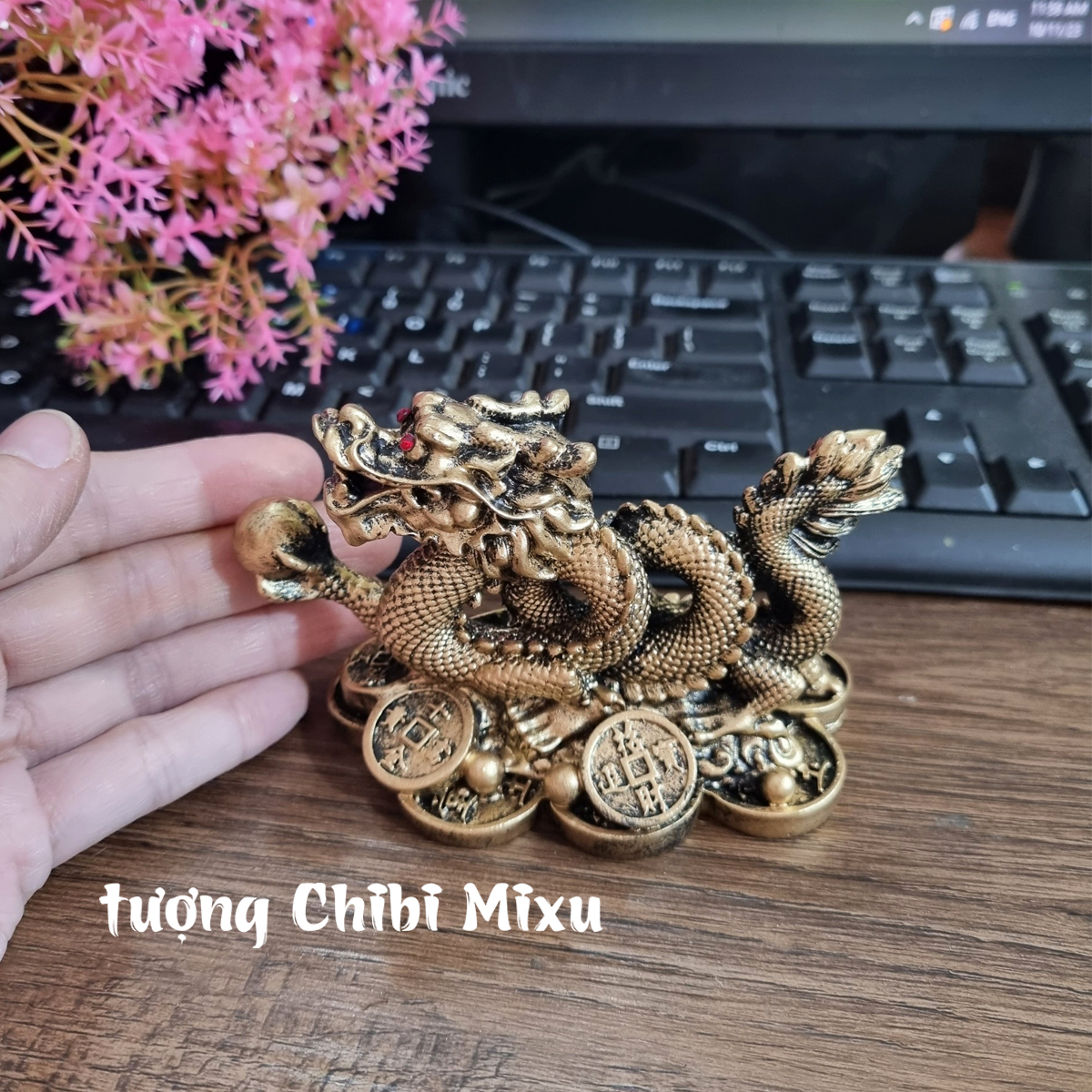 Tượng Rồng cuộn cầm ngọc sơn giả đồng, Rồng nhả ngọc phong thủy 11cm, Tượng đá trang trí Rồng phong thủy Giàu có Quà tặng Đồ trang trí