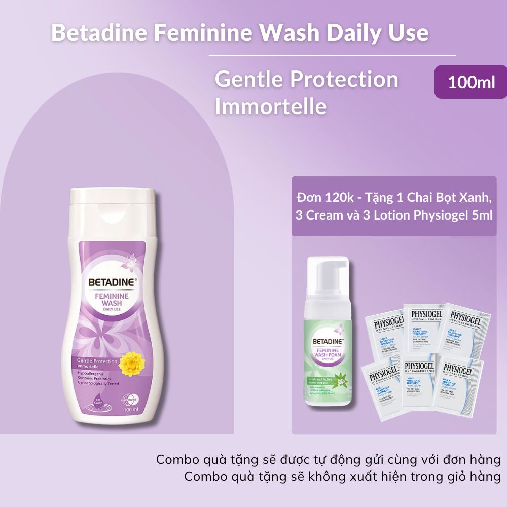 Dung dịch vệ sinh phụ nữ Betadine Feminine Wash Daily Use Gentle Protection Immortelle 100ml, 250ml