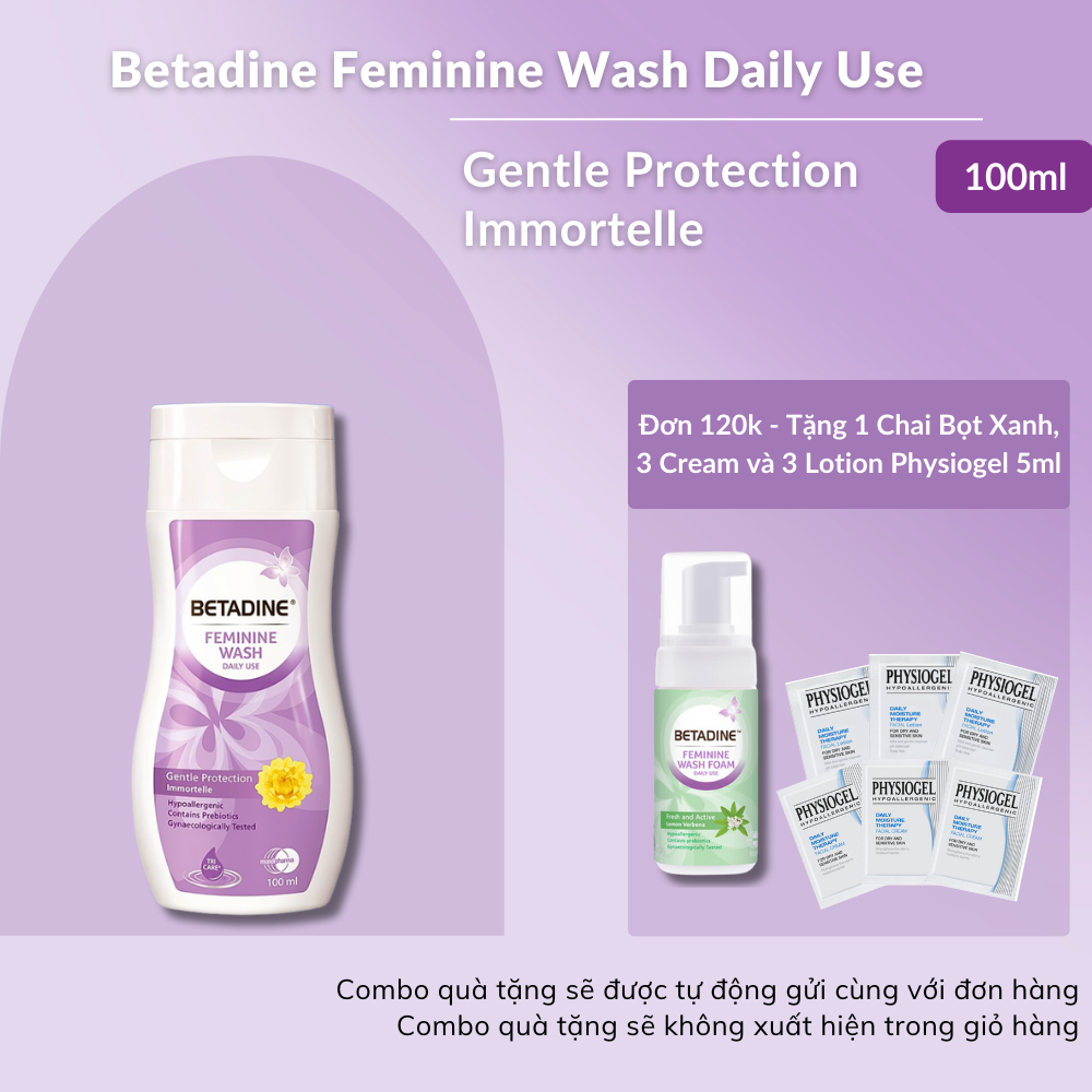 Dung dịch vệ sinh phụ nữ Betadine Feminine Wash Daily Use Gentle Protection Immortelle 100ml