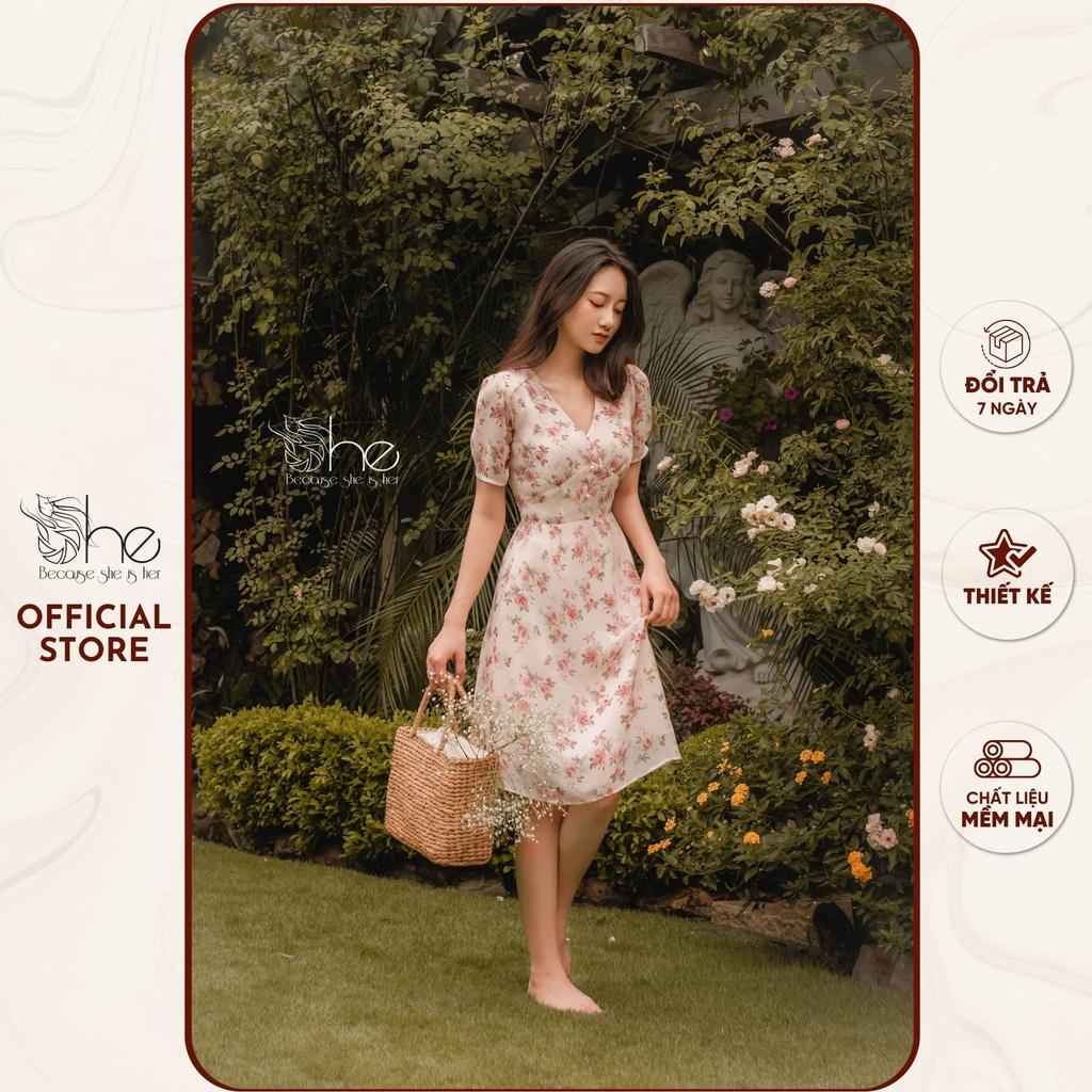 Váy nữ hoa voan đẹp She, đầm váy cổ tim 3 nút dáng A thời trang nữ SDX116