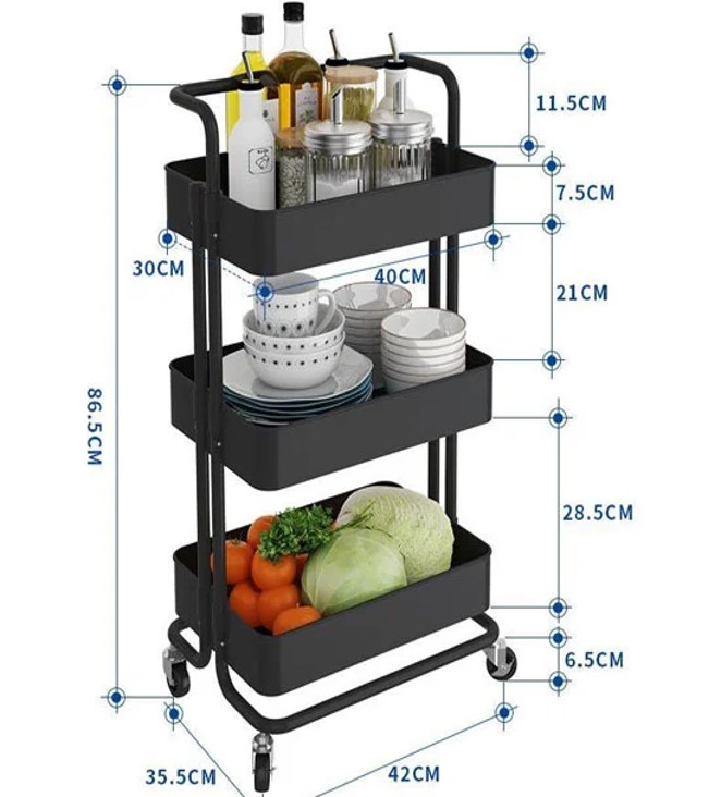 Kệ Sắt Đa Năng 3 Tầng Gấp Gọn Có Bánh Xe Khay Nhựa ABS Có Tay Cầm Tiện Lợi